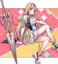 Rule 34 | 1girl, blonde hair, breasts, cleavage, cleavage cutout, clothing cutout, highres, large breasts, long hair, miniskirt, mythra (xenoblade), pixerite, skindentation, skirt, solo, sword, weapon, xenoblade chronicles (series), xenoblade chronicles 2, yellow eyes