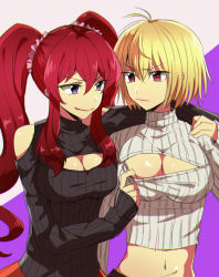 Rule 34 | 10s, 2girls, alternate costume, angelise ikaruga misurugi, angry, annoyed, black sweater, blonde hair, breasts, cleavage, cleavage cutout, clothes pull, clothing cutout, cross ange, eye contact, female focus, grey sweater, hair between eyes, hair ornament, hair scrunchie, hilda (cross ange), hug, large breasts, licking lips, lips, long hair, long sleeves, looking at another, medium breasts, meme attire, midriff, multiple girls, naughty face, navel, open-chest sweater, open-shoulder sweater, piiman (mpkmpkmpk), pink scrunchie, pulling, pulling another&#039;s clothes, purple eyes, red eyes, red hair, ribbed sweater, scrunchie, serious, short hair, shoulder cutout, sidelocks, sleeves past wrists, smile, sweater, sweater pull, teasing, tongue, tongue out, turtleneck, twintails, two-tone background, yuri