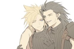 Rule 34 | 2boys, arm around shoulder, armor, black gloves, black hair, blonde hair, blue eyes, closed mouth, cloud strife, commentary, cross scar, duoj ji, earrings, facial scar, final fantasy, final fantasy vii, final fantasy vii rebirth, final fantasy vii remake, gloves, grin, hair pulled back, heads together, highres, jewelry, looking at another, looking at viewer, male focus, multiple boys, one eye closed, parted lips, ribbed sweater, scar, scar on cheek, scar on face, short hair, shoulder armor, sleeveless, sleeveless turtleneck, smile, spiked hair, stud earrings, suspenders, sweater, turtleneck, turtleneck sweater, twitter username, upper body, v, white background, zack fair