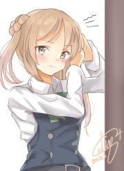 Rule 34 | 1girl, brown eyes, calin, commentary request, dated, double bun, dress, hair bun, highres, kantai collection, light brown hair, long hair, michishio (kancolle), michishio kai ni (kancolle), one-hour drawing challenge, pinafore dress, shirt, short twintails, signature, simple background, sleeveless, sleeveless dress, solo, twintails, upper body, white background, white shirt