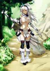 Rule 34 | 1girl, arm belt, bandeau, belt, black thighhighs, breasts, dagger, day, elbow gloves, full body, gloves, grandgua, hairband, highres, horns, kirin (armor), knife, large breasts, long hair, looking at viewer, monster hunter (series), monster hunter online, navel, orange eyes, outdoors, parted lips, pelvic curtain, single horn, smile, solo, standing, thighhighs, weapon, white hair, white thighhighs