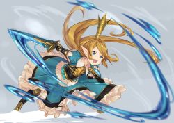 Rule 34 | &gt;:o, 10s, 1girl, :o, armor, armored boots, attack, black footwear, blonde hair, blue dress, blue eyes, boots, breastplate, charlotta (granblue fantasy), crown, dress, frilled dress, frills, gauntlets, granblue fantasy, harvin, holding, holding sword, holding weapon, long hair, matsuharu (lip-mil), open mouth, pointy ears, solo, sword, v-shaped eyebrows, weapon