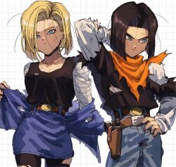 Rule 34 | 1boy, 1girl, android 17, android 18, black hair, blonde hair, blue eyes, breasts, brother and sister, cleavage, dragon ball, dragonball z, highres, hiyotama0715, medium hair, siblings, torn clothes
