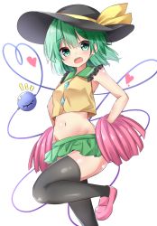 Rule 34 | 1girl, adapted costume, bare arms, bare shoulders, black hat, black thighhighs, blush, commentary request, crop top, crop top overhang, feet out of frame, frilled shirt collar, frills, green eyes, green hair, green skirt, groin, hair between eyes, hands on own hips, hat, hat ribbon, head tilt, heart, heart-shaped pupils, heart of string, highres, holding, holding pom poms, komeiji koishi, leg up, loafers, looking at viewer, microskirt, midriff, navel, open mouth, pink footwear, pleated skirt, pom pom (cheerleading), pom poms, ribbon, sabana, shirt, shoes, short hair, simple background, skirt, sleeveless, sleeveless shirt, solo, standing, standing on one leg, stomach, symbol-shaped pupils, thighhighs, thighs, third eye, touhou, white background, yellow ribbon, yellow shirt