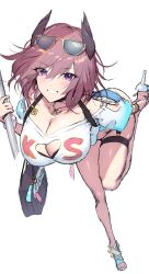 Rule 34 | 1girl, absurdres, azur lane, breasts, cleavage, cleavage cutout, clothing cutout, crop top, crop top overhang, eyewear on head, hair between eyes, heart cutout, high heels, highres, horns, kirishima (azur lane), kirishima (summery audacity) (azur lane), large breasts, leaning forward, looking at viewer, official alternate costume, purple eyes, purple hair, shiroshisu, short shorts, shorts, smile, solo, standing, standing on one leg, sunglasses, thigh strap, white background