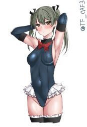Rule 34 | 1girl, bare shoulders, black ribbon, blue one-piece swimsuit, blue sleeves, blue thighhighs, blush, casual one-piece swimsuit, collar, cosplay, covered navel, elbow gloves, frilled collar, frilled leotard, frilled one-piece swimsuit, frilled thighhighs, frills, gloves, grey hair, hair ribbon, highleg, highleg swimsuit, highres, kantai collection, leotard, long hair, looking at viewer, marie rose, marie rose (cosplay), one-piece swimsuit, ribbon, shiny clothes, solo, swimsuit, tf cafe, thighhighs, twintails, twitter username, white background, zuikaku (kancolle)