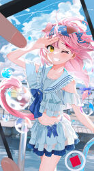 Rule 34 | 1girl, absurdres, animal ears, arknights, auguste, blue hairband, cat ears, cat girl, cat tail, collarbone, floppy ears, frilled skirt, frills, goldenglow (arknights), grin, hairband, highres, lightning bolt print, long hair, looking at viewer, midriff, navel, one eye closed, pink hair, print hairband, shirt, skirt, smile, solo, tail, white shirt, white skirt, yellow eyes