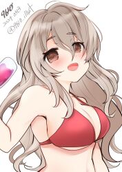 Rule 34 | 1girl, 9610 (kuroto), artist name, bikini, breasts, brown eyes, cleavage, cup, dated, drinking glass, grey hair, highres, holding, holding cup, kantai collection, large breasts, long hair, open mouth, pola (kancolle), red bikini, smile, solo, swimsuit, twitter username, upper body, wavy hair, wine glass