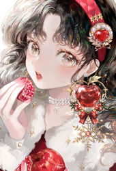 Rule 34 | 1girl, apple, bead necklace, beads, black hair, capelet, earrings, food, fruit, fur capelet, grey eyes, headband, holding, holding food, holding fruit, hyatsu, jewelry, long hair, looking at viewer, necklace, open mouth, parted bangs, pink nails, red headband, snow white, snow white (grimm), solo, star (symbol), star earrings