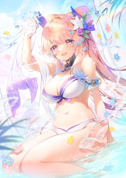 Rule 34 | 1girl, absurdres, apple caramel, arm garter, arm up, bare shoulders, bikini, blush, breasts, brooch, cleavage, detached collar, fins, fish, flower, genshin impact, gloves, hair flower, hair ornament, head fins, highres, jewelry, large breasts, long hair, looking at viewer, navel, open mouth, pink hair, purple eyes, sangonomiya kokomi, sash, sidelocks, sitting, smile, solo, stomach, swimsuit, thick eyebrows, thighs, water, white bikini, white gloves