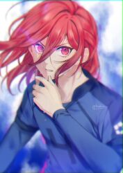 Rule 34 | 1boy, aura, blue lock, blue shirt, chigiri hyoma, collared shirt, hand up, highres, long hair, long sleeves, looking at viewer, male focus, parted lips, red eyes, red hair, shirt, soccer uniform, solo, sportswear, sweat, tsukky, twitter username, upper body, v-shaped eyebrows, white background