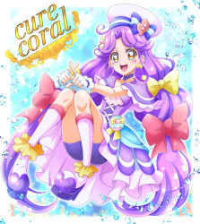 Rule 34 | 1girl, bike shorts, blue bow, boots, bow, brown eyes, capelet, character name, choker, cure coral, dress, earrings, facial mark, fingerless gloves, floating hair, gloves, hair bow, hanzou, hat, hat bow, heart, heart print, highres, jewelry, knee boots, layered dress, long hair, multiple hair bows, precure, purple capelet, purple choker, purple dress, purple hair, purple shorts, red bow, short dress, shorts, solo, striped, striped bow, tropical-rouge! precure, very long hair, white footwear, white gloves, white hat, yellow bow