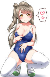 Rule 34 | 1girl, blue one-piece swimsuit, blush, breasts, cleavage, collar tug, collarbone, commentary request, competition school swimsuit, full body, grey hair, hand on own stomach, heart, highres, large breasts, long hair, love live!, love live! school idol project, minami kotori, one-piece swimsuit, one side up, school swimsuit, shoes, simple background, smile, solo, spoken heart, spread legs, squatting, swimsuit, thighhighs, uwabaki, white background, white thighhighs, yellow eyes, yopparai oni, ||/