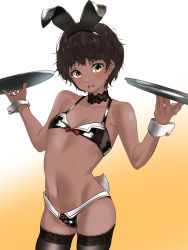 Rule 34 | 1girl, animal ears, bare shoulders, bikini, black bikini, black choker, black hair, black thighhighs, blush, breasts, brown eyes, choker, cleavage, dark-skinned female, dark skin, fake animal ears, gradient background, highres, leotard, looking at viewer, mole, mole on breast, mole on pussy, mole under eye, navel, open mouth, original, playboy bunny, rabbit ears, rabbit tail, short hair, small breasts, smile, solo, swimsuit, tail, tama (tamago), thighhighs, thighs, tray, waitress
