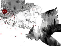 1girl blood blood_on_clothes blouse buttons center_frills closed_mouth collared_shirt crossed_arms crying crying_with_eyes_open esanashi eyelashes flower frilled_skirt frills gradient_clothes gradient_skirt greyscale hair_flower hair_ornament hair_spread_out juliet_sleeves lace-trimmed_sleeves lace_trim light_smile lipstick long_sleeves looking_at_viewer lying makeup miniskirt monochrome nail_polish on_back original pantyhose petals puffy_sleeves red_flower red_nails red_rose rose rose_petals sad_smile shirt short_hair simple_background skirt sleeve_cuffs solo spot_color tears white_background