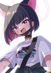 Rule 34 | 1girl, absurdres, animal ears, black choker, black mask, blue archive, blush, cat ears, choker, colored inner hair, fang, halo, highres, kazusa (band) (blue archive), kazusa (blue archive), looking at viewer, mask, mmmera827, mouth mask, multicolored hair, official alternate costume, open mouth, pink eyes, pink hair, pink halo, shirt, short hair, skin fang, smile, solo, white background, white shirt