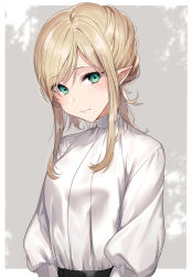 Rule 34 | 1girl, blonde hair, blush, breasts, closed mouth, commentary request, elf, green eyes, haru (nakajou-28), head tilt, highres, lips, long hair, long sleeves, looking at viewer, original, pink lips, pointy ears, shirt, sidelocks, smile, solo, upper body, white shirt