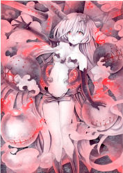 Rule 34 | 10s, 1girl, abyssal ship, acrylic paint (medium), anchorage princess, breasts, cleavage, cloud, collarbone, colored pencil (medium), colored skin, dated, elbow gloves, fire, gloves, kantai collection, knees together feet apart, light particles, long hair, looking at viewer, microskirt, midriff, mosho, navel, outstretched arm, painting (medium), reaching, reaching towards viewer, red eyes, scan, scan artifacts, signature, silver hair, skirt, smoke, solo, traditional media, underboob, very long hair, white skin