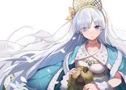 Rule 34 | 1girl, anastasia (fate), blue eyes, breasts, cape, collarbone, crown, doll, dress, earrings, eyes visible through hair, fate (series), flower, hair over one eye, hairband, holding, holding doll, jehyun, jewelry, long hair, looking at viewer, mini crown, necklace, resolution mismatch, royal robe, shiny clothes, silver hair, simple background, single earring, small breasts, solo, source larger, very long hair, white background, white dress, white flower
