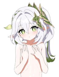 Rule 34 | 1girl, azmira1534815, covering privates, covering breasts, cross-shaped pupils, flat chest, genshin impact, gradient hair, green eyes, green hair, hair between eyes, hair ornament, leaf hair ornament, long hair, looking at viewer, multicolored hair, nahida (genshin impact), nude, pointy ears, side ponytail, sidelocks, solo, symbol-shaped pupils, topless, white background, white hair