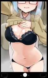 Rule 34 | 0:00, 1girl, belly, black bra, black panties, blue hair, borrowed character, bra, breasts, cellphone display, cleavage, clothes lift, fat rolls, hamburger-chan (nekoume), head out of frame, heavy breathing, highres, lace, lace-trimmed bra, lace trim, large breasts, navel, open clothes, open shirt, original, panties, reaching, reaching towards viewer, red-framed eyewear, selfie, semi-rimless eyewear, solo, sweater, sweater lift, thigh gap, under-rim eyewear, underwear