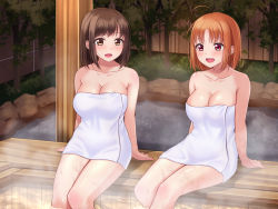 Rule 34 | 2girls, arm support, bath, blush, breasts, brown eyes, brown hair, cleavage, collarbone, fence, grass, highres, inami anju, large breasts, looking at viewer, love live!, love live! sunshine!!, mobukichi, multiple girls, naked towel, nude, onsen, open mouth, red hair, rock, short hair, sitting, smile, soaking feet, steam, takami chika, teeth, towel, tree, water, wet, wooden fence