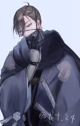 Rule 34 | 1boy, ahoge, arm guards, black gloves, black scarf, blue background, brown hair, fate/grand order, fate (series), gloves, grey jacket, hair over one eye, hair pulled back, hand to own mouth, haori, jacket, japanese clothes, katana, lapels, looking away, male focus, mask, mouth mask, multiple swords, purple eyes, scarf, sheath, sheathed, simple background, solo, sword, tet 24, upper body, weapon, yamanami keisuke (fate)