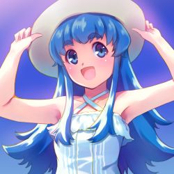 Rule 34 | 1girl, :d, armpits, blue background, blue eyes, blue hair, eyebrows, hands on headwear, happinesscharge precure!, hat, highres, long hair, looking to the side, open mouth, precure, sayousuke, shirayuki hime, smile, solo, thick eyebrows, upper body, white hat