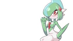 Rule 34 | 1girl, alternate hairstyle, arm blade, blue hair, blush, breasts, cleavage, clenched hand, closed mouth, colored skin, creatures (company), drunkoak, embarrassed, female focus, gallade, game freak, gen 4 pokemon, genderswap, genderswap (mtf), green hair, green skin, hair over one eye, hand on own hip, hand up, highres, leg up, looking at viewer, medium breasts, mohawk, multicolored hair, multicolored skin, nintendo, one eye covered, pokemon, pokemon (creature), red eyes, shiny skin, short hair, sidelocks, simple background, solo, standing, thighs, transparent background, two-tone hair, two-tone skin, wavy mouth, weapon, white skin