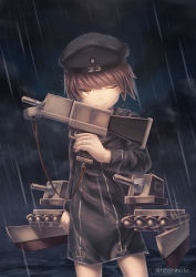 Rule 34 | 1girl, brown eyes, brown hair, clothes writing, cowboy shot, dress, hat, highres, hitohinoto, holding, holding weapon, kantai collection, looking at viewer, machinery, night, one eye closed, rain, sailor dress, sailor hat, short hair, solo, twitter username, weapon, z3 max schultz (kancolle)