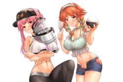 Rule 34 | 2girls, absurdres, arms under breasts, baseball cap, between breasts, bowl, bra, braid, breasts, choker, cleavage, commentary, cowboy shot, crop top, crossed arms, denim, denim shorts, english commentary, gradient hair, green bra, green choker, grimace, groin, hat, headband, highres, holding, holding bowl, holding spoon, hololive, hololive english, honkivampy, knee up, large breasts, looking at viewer, lowleg, lowleg pants, lowleg shorts, mori calliope, multicolored hair, multiple girls, navel, open clothes, open shorts, pants, pink eyes, pink hair, purple eyes, red hair, rice bowl, rice cooker, short shorts, shorts, simple background, smug, spoon, takanashi kiara, takanashi kiara (casual), twin braids, underboob, underwear, unzipped, virtual youtuber, white background, wooden spoon