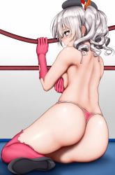 Rule 34 | 1girl, alternate costume, ass, beret, blue eyes, blush, breasts, hamaguri (hamaguri1234), hat, highres, kantai collection, kashima (kancolle), large breasts, panties, pink panties, silver hair, sitting, solo, torn clothes, twintails, underwear, wavy hair