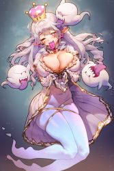 Rule 34 | + +, 1girl, absurdres, blush, boo (mario), breasts, brooch, cleavage, clothes lift, crown, dress, dress lift, earrings, frilled dress, frills, ghost, ghost tail, gloves, hair between eyes, highres, jewelry, large breasts, licking, lifting own clothes, long hair, long tongue, looking at viewer, luigi&#039;s mansion, mario (series), muloli, navel, new super mario bros. u deluxe, nintendo, one eye closed, open mouth, pointy ears, princess king boo, purple eyes, revision, sharp teeth, short sleeves, silver hair, skindentation, smile, super crown, teeth, tongue, tongue out, white dress, white gloves