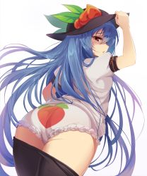 Rule 34 | 1girl, adjusting clothes, adjusting headwear, arm up, ass, ass focus, black hat, black pantyhose, blue hair, blush, clothes pull, cowboy shot, dethmaid, dutch angle, food, frilled panties, frills, from behind, from below, fruit, hat, hat ornament, highres, hinanawi tenshi, leaf, long hair, looking at viewer, looking back, open mouth, panties, pantyhose, pantyhose pull, peach, peach print, print panties, puffy short sleeves, puffy sleeves, red eyes, shirt, short sleeves, simple background, solo, standing, touhou, underwear, white background, white panties, white shirt