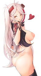 Rule 34 | 1girl, ass, azur lane, black thighhighs, bottomless, breasts, collar, collared jacket, duplicate, heart, highres, inverted nipples, jacket, large breasts, licking lips, looking at viewer, looking to the side, microphone, mole, mole on breast, naughty face, no bra, no panties, orange eyes, prinz eugen (azur lane), prinz eugen (final lap) (azur lane), race queen, solo, thighhighs, tongue, tongue out, twintails, white hair, yusha m