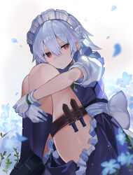 Rule 34 | 1girl, blue flower, bow, commentary, falken (yutozin), flower, gloves, holster, hugging own legs, izayoi sakuya, knees to chest, knees up, knife, looking at viewer, maid headdress, petals, photoshop (medium), red eyes, revision, sheath, sheathed, short sleeves, sitting, skirt, socks, solo, thigh holster, thighs, touhou, waist bow, white gloves, white hair
