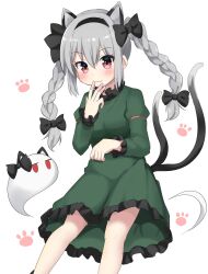 Rule 34 | 1girl, :3, animal ear hairband, animal ears, black bow, bow, braid, cat ear hairband, cat ears, cat tail, closed mouth, cosplay, dress, fake animal ears, feet out of frame, ghost, green dress, hair bow, hairband, highres, kaenbyou rin, kaenbyou rin (cosplay), konpaku youmu, konpaku youmu (ghost), long hair, long sleeves, looking at viewer, multiple tails, paw print, paw print background, red eyes, side braids, smile, solo, tail, touhou, twin braids, two tails, white background, youmu-kun