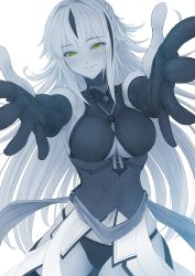 Rule 34 | 1girl, blush, breasts, cleavage cutout, clothing cutout, commentary request, cowboy shot, elbow gloves, fate/grand order, fate (series), foreshortening, gloves, green eyes, greyscale, hair between eyes, highres, imizu (nitro unknown), limited palette, long hair, looking at viewer, monochrome, nagao kagetora (fate), navel, panties, pantyshot, partially fingerless gloves, reaching, reaching towards viewer, reoutstretched arms, sideboob, sleeveless, smile, solo, standing, thighhighs, underboob, underwear, unfinished, upper body