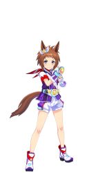 Rule 34 | 1girl, animal ears, bad link, belt, biko pegasus (umamusume), blue eyes, blush, breasts, brown hair, clenched hand, clenched hands, ear ornament, fingerless gloves, full body, game model, gloves, highres, horse ears, horse girl, horse tail, jacket, long sleeves, looking at viewer, purple jacket, short hair, short sleeves, shorts, small breasts, smile, solo, standing, tachi-e, tail, transparent background, umamusume, v-shaped eyebrows, white gloves, white shorts
