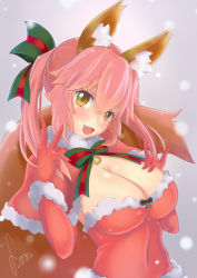Rule 34 | 10s, 1girl, alternate costume, animal ears, bell, blush, breasts, cleavage, covered navel, dated, detached sleeves, fang, fate/extella, fate/extra, fate/grand order, fate (series), fox ears, fox tail, hand on own chest, japanese clothes, jingle bell, large breasts, long hair, looking at viewer, navel, open mouth, pink hair, santa costume, signature, snow, solo, souryu 1231, tail, tamamo (fate), tamamo no mae (fate/extra), type-moon, yellow eyes