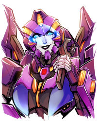 Rule 34 | 1girl, autobot, black lips, close-up, commentary, commission, dataglitch, english commentary, highres, holding, holding wrench, nautica (transformers), over shoulder, smile, solo, the transformers (idw), transformers, visor, wrench