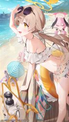 Rule 34 | 4girls, absurdres, ahoge, angel wings, azusa (blue archive), azusa (swimsuit) (blue archive), ball, bare shoulders, beach, beach umbrella, beachball, bikini, black wings, blue archive, blush, closed mouth, commentary, eyewear on head, feathered wings, flower, frilled bikini, frills, from side, green eyes, hair flaps, hair flower, hair ornament, halo, hanako (blue archive), hanako (swimsuit) (blue archive), head wings, hifumi (blue archive), hifumi (swimsuit) (blue archive), highres, innertube, koharu (blue archive), koharu (swimsuit) (blue archive), light brown hair, long hair, low twintails, low wings, make-up work club (blue archive), monosucre, multiple girls, official alternate costume, open mouth, outdoors, pink eyes, pink hair, pink halo, ribbon-trimmed bikini, round eyewear, shirt, sitting, solo focus, standing, sunglasses, swimsuit, symbol-only commentary, twintails, umbrella, wariza, white bikini, white hair, white shirt, white wings, wings, yellow eyes, yellow halo