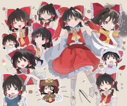 Rule 34 | 1girl, book, bow, brown eyes, brown hair, chibi, dango, detached sleeves, detective, food, hair bow, hakurei reimu, highres, holding, holding ladle, holding magnifying glass, ladle, looking at viewer, magnifying glass, multiple views, nontraditional miko, ramochi, reading, red bow, red eyes, red shirt, red skirt, scarf, shirt, skirt, smile, touhou, wagashi, white sleeves, yellow scarf