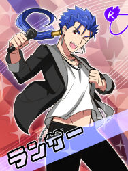 Rule 34 | 10s, 1boy, amagase touma, amagase touma (cosplay), aono shimo, bad id, bad pixiv id, blue hair, card (medium), card parody, character name, collarbone, cosplay, cu chulainn (fate), cu chulainn (fate/stay night), fate/stay night, fate (series), hair ornament, highres, holding, holding microphone, idolmaster, idolmaster side-m, jewelry, long hair, looking at viewer, male focus, microphone, midriff, navel, necklace, one eye closed, open mouth, ponytail, red eyes, solo