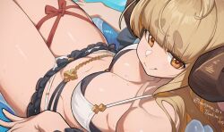 Rule 34 | 1girl, ahoge, anila (granblue fantasy), anila (summer) (granblue fantasy), belly chain, bikini, blunt bangs, blush, breasts, brown eyes, cleavage, closed mouth, commentary, commission, curled horns, draph, feet out of frame, from above, from side, granblue fantasy, hata4564, hikimayu, horns, jewelry, large breasts, layered bikini, leg ribbon, light brown hair, long hair, looking at viewer, navel, official alternate costume, ribbon, sheep girl, sheep horns, sitting, skeb commission, smile, solo, swimsuit, thick eyebrows, thigh ribbon, wet, white bikini