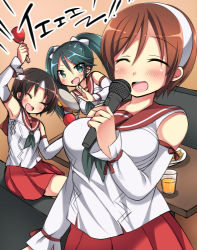 Rule 34 | 10s, 3girls, :d, ^ ^, bare shoulders, black hair, blush, breasts, closed eyes, cup, detached sleeves, drinking glass, food, gradient background, green eyes, green hair, hair ornament, hair ribbon, hairband, headband, instrument, isuzu (kancolle), kantai collection, karaoke, large breasts, long hair, looking at viewer, maracas, microphone, multiple girls, music, nagara (kancolle), natori (kancolle), open mouth, pleated skirt, ponytail, ribbon, school uniform, serafuku, short hair, side ponytail, singing, sitting, sk02, skirt, smile, table, tambourine, twintails