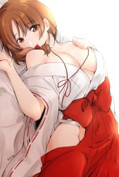 Rule 34 | 1girl, alternate costume, artist name, backlighting, bed sheet, blush, breasts, brown eyes, brown hair, closed mouth, clothing cutout, commentary, dutch angle, girls und panzer, hair ribbon, hakama, hakama skirt, half-closed eyes, hand on own chest, head tilt, highres, japanese clothes, large breasts, long sleeves, looking at viewer, lying, miko, nishizumi miho, off shoulder, on back, on bed, red hakama, red ribbon, ribbon, ribbon-trimmed sleeves, ribbon trim, shirt, short hair, side cutout, signature, skirt, smile, solo, tarou (komekueyo), white shirt, wide sleeves