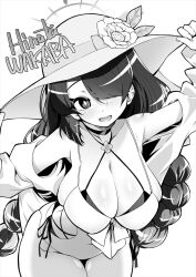 Rule 34 | 1girl, black hair, blue archive, braid, breasts, greyscale, halo, hat, hinata (blue archive), hinata (swimsuit) (blue archive), k.m.station, large breasts, monochrome, one-piece swimsuit, simple background, solo, swimsuit, twin braids, white background
