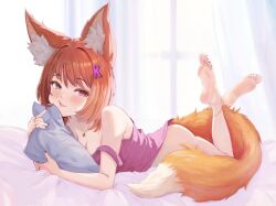 Rule 34 | 1girl, animal ear fluff, animal ears, barefoot, blue eyes, bottomless, breasts, brown hair, camisole, curtains, fox ears, fox girl, fox tail, full body, heterochromia, highres, jewelry, letter hair ornament, looking at viewer, lying, miserel, multiple rings, necklace, on bed, on stomach, original, pendant, pillow, purple camisole, purple eyes, purple nails, ring, short hair, smile, tail, window