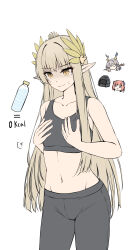 Rule 34 | 1other, 3girls, absurdres, arknights, bagpipe (arknights), black pants, black sports bra, blue hair, bottle, breast conscious, chibi, chibi inset, closed mouth, collarbone, colored tips, commentary, doctor (arknights), dragon girl, dragon horns, elf, english commentary, flat chest, gongbangmanchi (daisy cutter), grey hair, hair ornament, hair stick, hands on own chest, highres, hood, hood up, horns, jitome, laurel crown, long hair, mole, mole under eye, muelsyse (arknights), multicolored hair, multiple girls, navel, open mouth, orange hair, pants, pointy ears, puff of air, purple eyes, shu (arknights), sidelocks, simple background, solo focus, sports bra, stick, stomach, sweatdrop, very long hair, water bottle, white background, yellow eyes, yoga pants